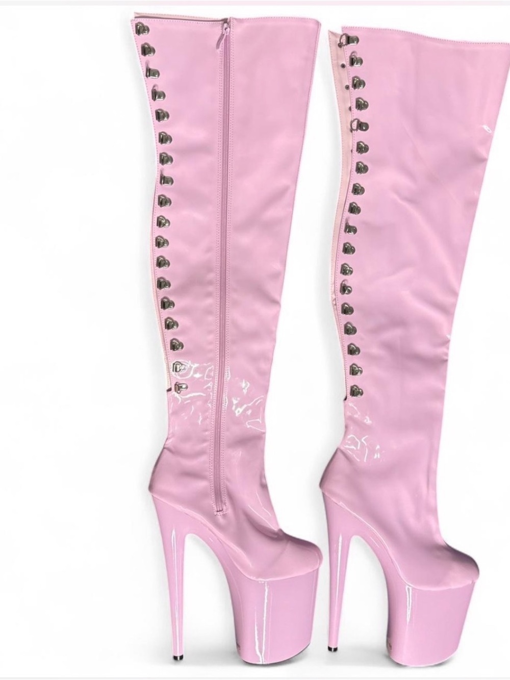 Soft Pink Patent Over-the-Knee Platform Boots with Heart Eyelet Detail